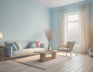 Living room with scandinavian interior and wooden floor; home decor, empty wall background