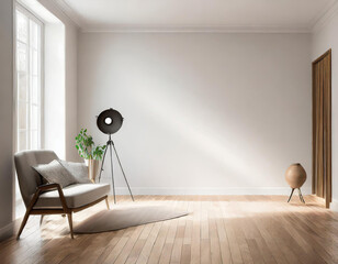 Fototapeta na wymiar Living room with scandinavian interior and wooden floor; home decor, empty wall background
