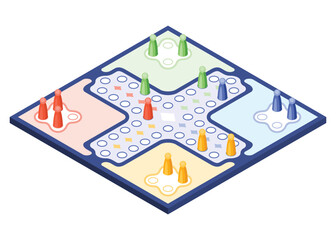 Board game, flat isometric view. Isolated colored icon. Playing cards and dice table gaming. Cartoon family table game for adults and kids for leisure and recreation. Vector illustration