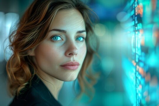 Close-up portrait of a female technologist with a holographic interface emphasizing her blue eyes
