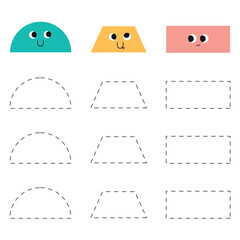 Handwriting practice for kids.  Trace worksheet with shapes. Semicircle, trapeze and rectangle