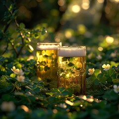 toasting with beer glasses among clover leaves for St Patrick's Day