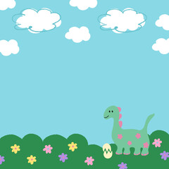 Hand drawn dinosaur with flower garden, cloud and blue sky for background, wallpaper, backdrop, banner, stickers, decoration, print, social media post, card, kids element, fabric, garment, ads, frame