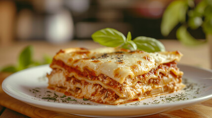 Illustration of food, lasagna beautifully served on a plate, Italian cuisine, close-up, soft lighting, blurred kitchen in the background, warm color palette, culinary art.