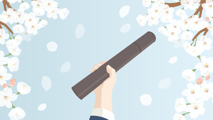 桜の木の下で卒業証書の筒を掲げるベクターイラスト