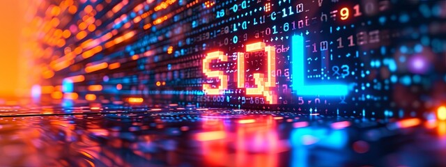 The abbreviation 'SQL' shines in neon on a cybernetic data stream background - obrazy, fototapety, plakaty