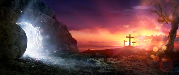 Resurrection - Crosses On Hill And Empty Tomb With Bright Light At Morning - Abstract Glittering In The Cave And Abstract Flare Effects In The Sky - 729159054