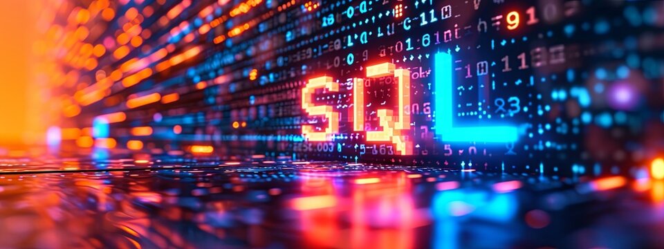 The abbreviation 'SQL' shines in neon on a cybernetic data stream background