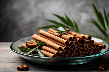Cinnamon sticks in glass plate with palm leaf on wood board at grey textured wall, rustic style. Still life natural food of ceylon cinnamon sticks. Delicious tasty healthy concept. Copy ad text space - obrazy, fototapety, plakaty