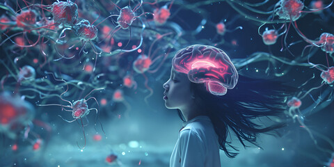 Hallucinations subconscious  , Symptoms of schizophrenia in teenagers, little girl's mind glowing universe display of Auditory Hallucinations emotion swing, neuromarketing,  - obrazy, fototapety, plakaty