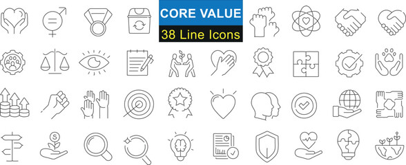 Core Value 38 Line Icons, business ethics principles set. Ideal for web, branding, infographics. Showcasing teamwork, innovation, quality. Clean, minimal design