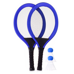 Badminton set made of plastic for children, isolated on a white background. Toy rockets, a shuttlecock ball for playing tennis. Children's sports. Development of a child's sports skills