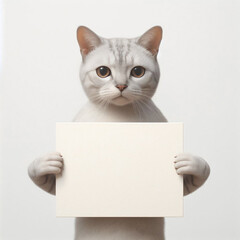 A cute gray tabby cat holding a blank white sign against a plain background, inviting creativity and personalization.