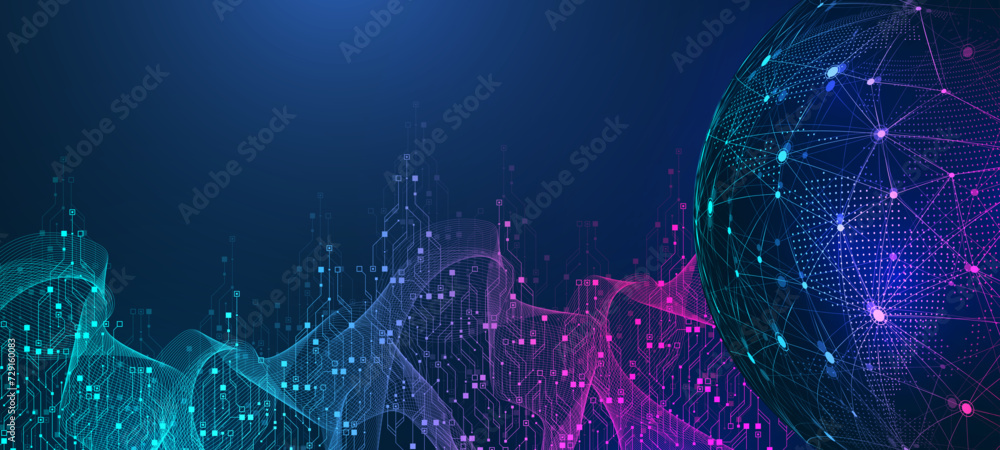 Poster Quantum computer technologies concept. Futuristic blue circuit board background vector. Modern technology circuit board texture background design. Waves flow. Quantum explosion technology.