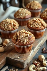 Golden quinoa muffins topped with nuts, displayed on a vintage wooden board