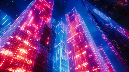 Futuristic cityscape at night, showcasing skyscrapers with advanced technology and dynamic connections, illustrating the pulse of a modern, digital metropolis