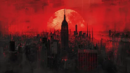 Foto op Plexiglas Art print of a dystopian city under a massive red sun © artem