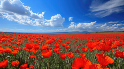 A breathtaking panorama of endless red poppy fields under the open sky