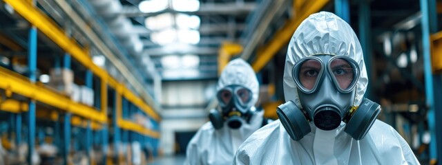 Technicians in gas masks assess toxic spills - obrazy, fototapety, plakaty
