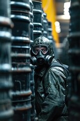 Fototapeta na wymiar Technicians in gas masks assess toxic spills