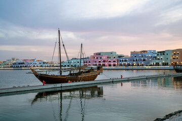Fototapeta premium Doha, Qatar - February 05, 2024: Old Doha port redevelopment into Mina district Box Park Qatar