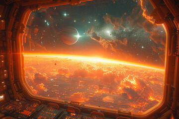 View from the rocket control cabin window with view of stars, planet, galaxies  - obrazy, fototapety, plakaty