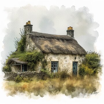 Saint Patrick's Day traditional Irish cottage with a thatched roof, watercolor,