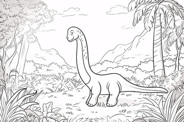 Apatosaurus Dinosaur Black White Linear Doodles Line Art Coloring Page, Kids Coloring Book
