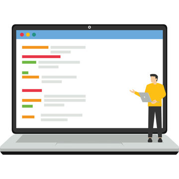 Flat vector illustration, young programmer coding website on a laptop from the command line, doing coding activity, system administrator trying to hack system, IT field team work vector.