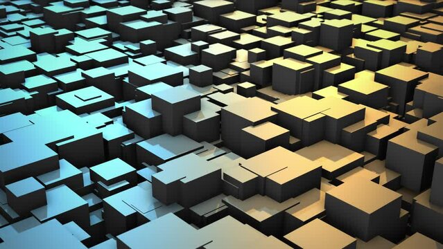 Abstract background with randomly moving field of three dimensional blocks with realistic blue and orange light , animated wallpaper for science and digital technology video , 3D render , 4k , 60 fps