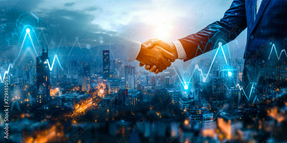 Poster successful business merger handshake with upward graphs symbolizing growth and teamwork in a corpora