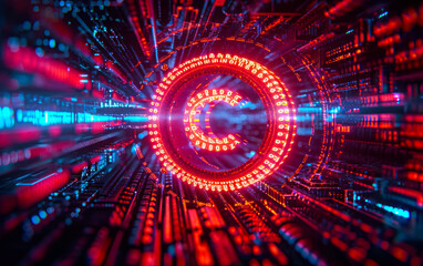 Obraz premium Vibrant digital copyright symbol encircled by neon cyber structures, representing intellectual property protection in the tech-driven business world