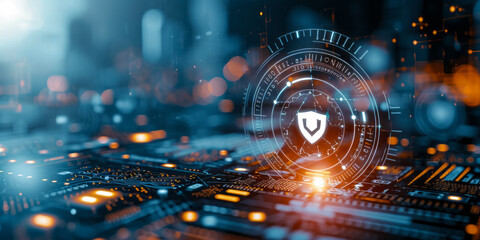 Obraz premium Cybersecurity and data protection concept with shield icon hologram over futuristic interface elements