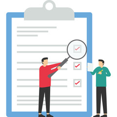 Survey Concept, Showing people with quality test and satisfaction report, tasks or work completed, Suitable for landing page, UI, web, app intro card, editorial, flyer and banner, Vector Illustration.