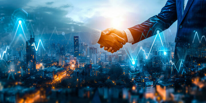Successful business merger handshake with upward graphs symbolizing growth and teamwork in a corporate cityscape