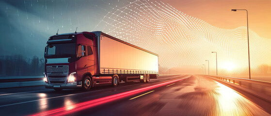 Majestic Commercial Truck on Highway at Sunrise, Symbolizing the Vital Role of Transport in Supply Chain and Logistics