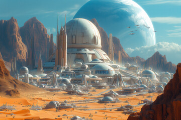 Space colony on distant exoplanet, where humans have successfully established a self-sustaining community, alien landscape with blue sky - obrazy, fototapety, plakaty