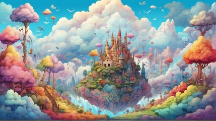 A whimsical forest inhabited by creatures made of clouds, who float effortlessly amongst the trees and build castles from rainbows