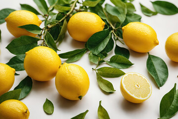 Close-up of lemons on a white background. A group of lemons with leaves on a white table.