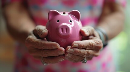 Senior couple holding pink piggy bank, saving for retirement dreams and pension fund