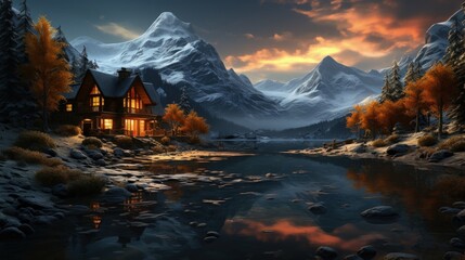A cozy cabin in a snowy mountain landscape - obrazy, fototapety, plakaty