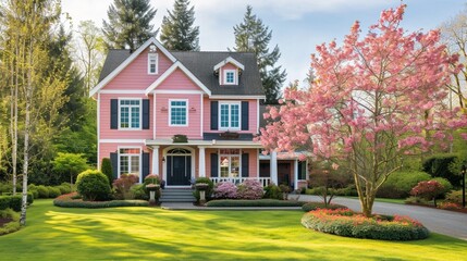 A salmon pink house with siding, in a suburban district. It has standard windows and shutters, on a vast estate, under the brilliance of a spring morning