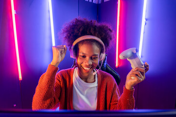 Host channel of gaming streamer, African girl wining with Esport skilled team player and viewers...