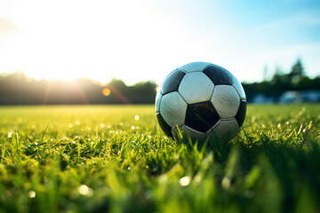 Fototapeta premium a soccer ball sitting on the grass on the field near the goal,