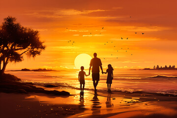 Silhouette of family walking on the beach at sunset time.
