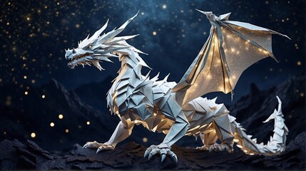 A giant origami dragon soaring through a starry night sky, its paper scales shimmering with moonlight.