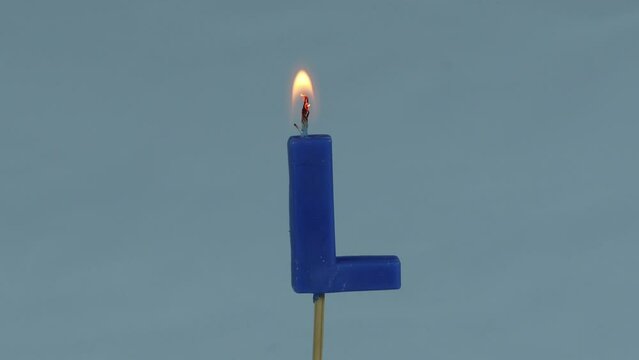 close up on a blue letter L birthday candle on a white background.
