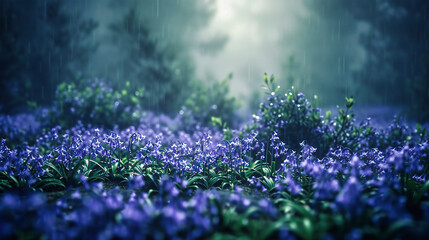 Vibrant garden scene with purple flowers blooming in a lush green setting, symbolizing the beauty and tranquility of nature in spring or summer