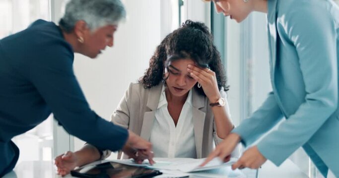 Business people, woman and stress at work with paperwork or chaos in office for time management and crisis. Mental health, employee and headache with burnout, busy workflow and multitasking anxiety