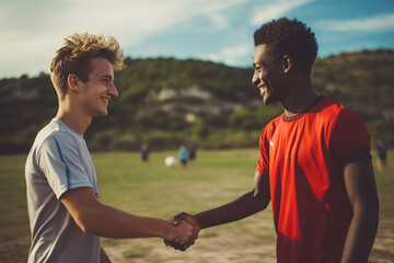 both people shake hands and are playing soccer - Powered by Adobe